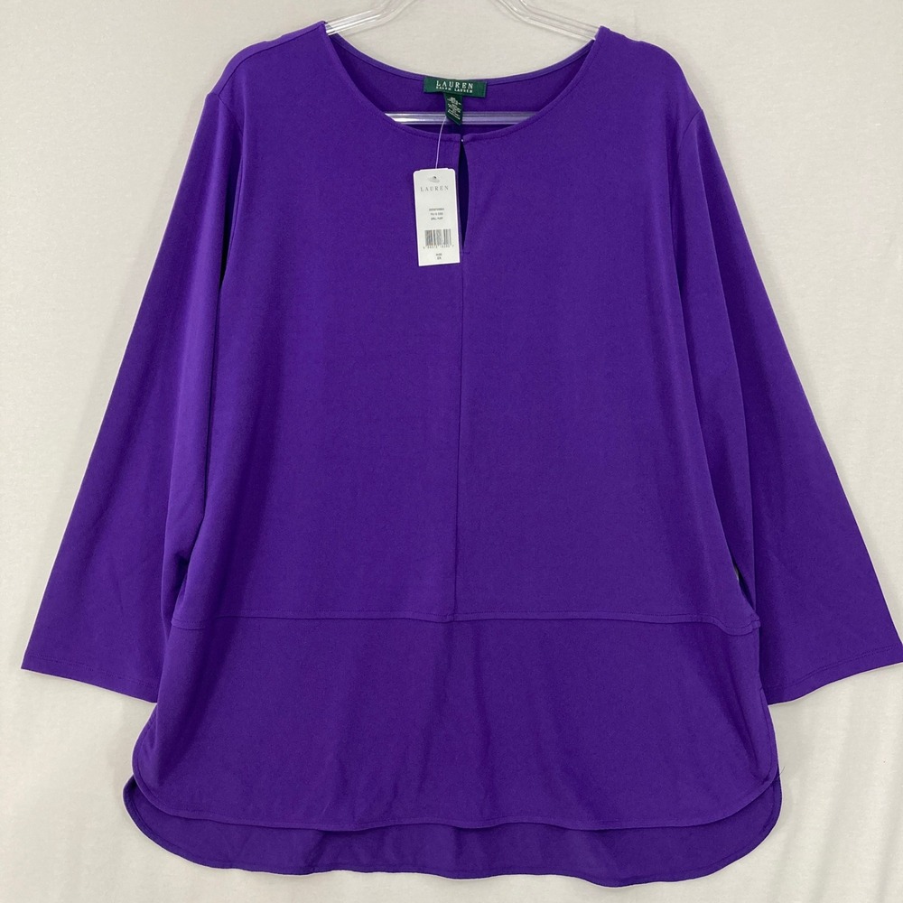 New Lauren Ralph Lauren Blouse 2X Purple Keyhole 3/4 Sleeve Stretch Knit Preppy